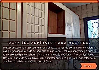  Mutfaklarımızda aspiratör olmazsa olmazlar arasında yer alır. Her cihazlarda olduğu gibi aspiratörlerde de sorunlar baş gösterir. Ocakta pişen yemeğin buharını tam çekemediğini ve buharın bir kısmının mutfağa dağıldığını görürüz. Böyle bir durumda daha iyi bir aspiratör arayışı içerisine gireriz. Aspiratör satın alanların özelliklerine değilde, görselliğine ve fiyatına dikkat ettiğini düşünüyorum. Oysaki seçim yaparken kullandığınız ocağın cinsine göre seçim yapmalısınız. Aspiratörler genelde standart ölçülerde üretilirler fakat özellikleri birbirlerinden farklıdır. A